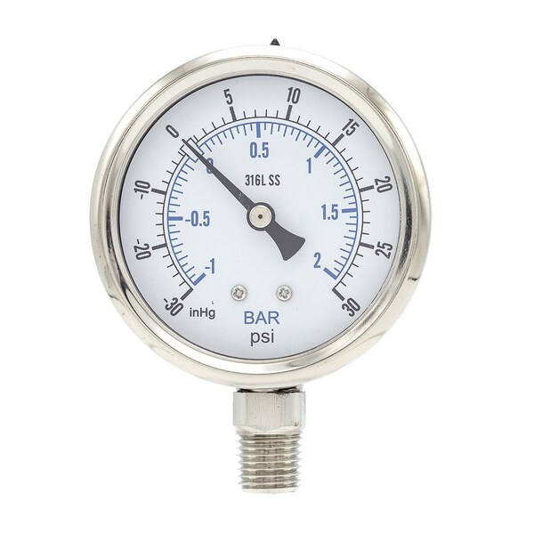 Pro 2 1/2 in Dial, 30 in Hg Vac/0/30 PSI & Bar, 1/4 in NPT, Lower Mount Dry/Fillable Pressure Gauge PRO-301D-254CC-01 - main